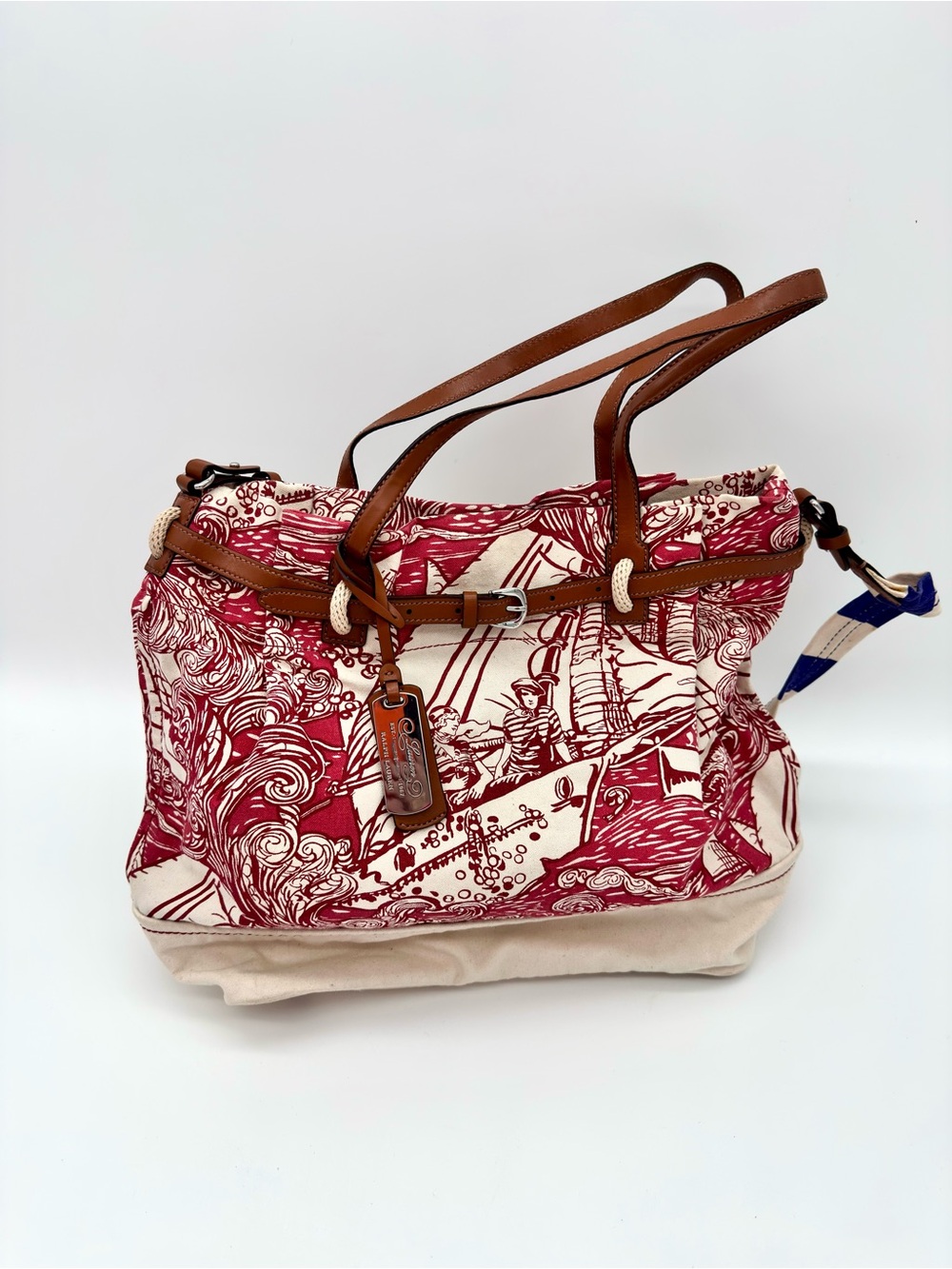 Lauren Ralph Lauren Nautical Canvas Tote Bag Leather Trim Large